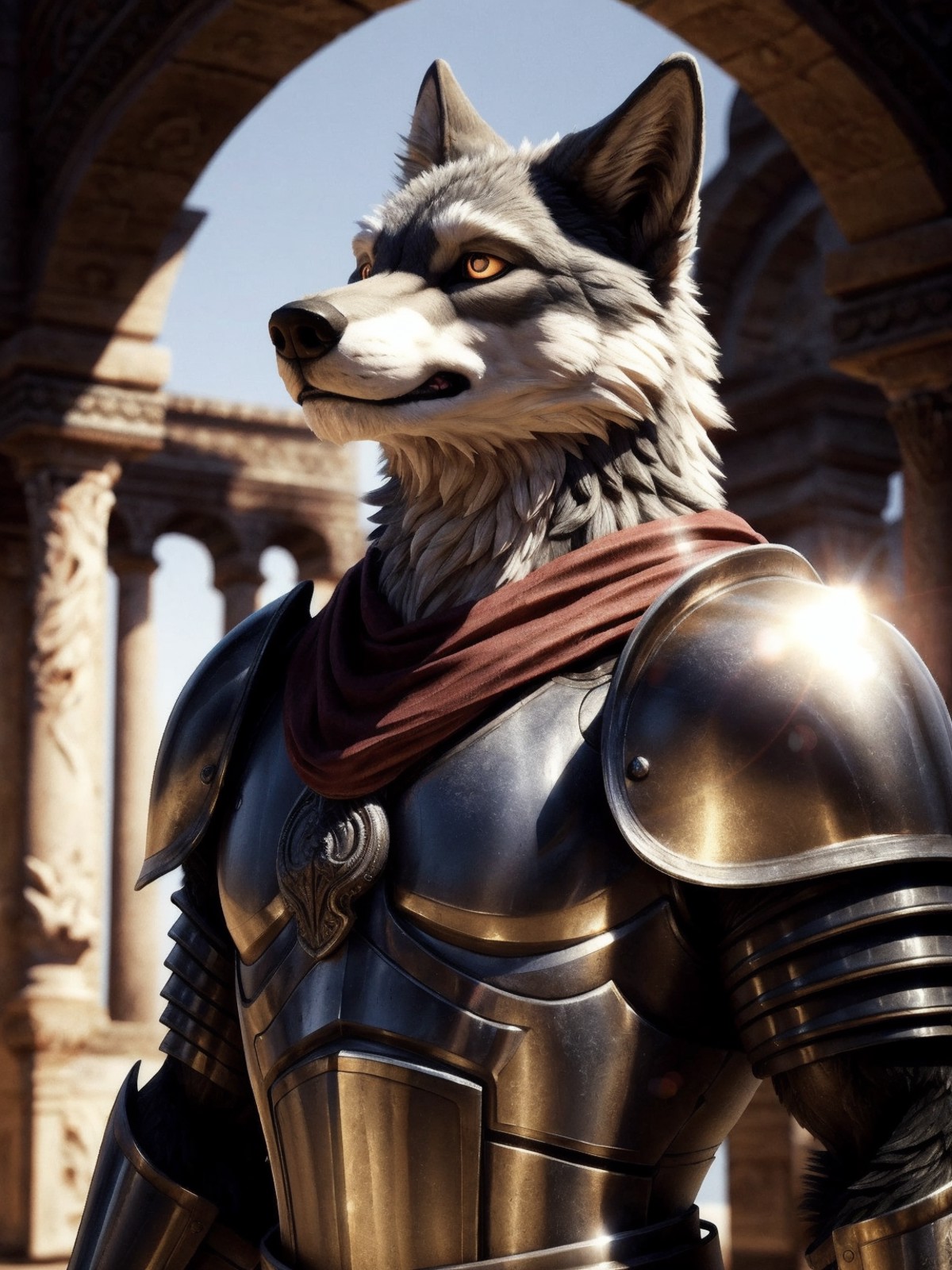 A master of 3d color modeling,furry,wolf,male,full body,Muscle,Thin,Knight Armor,Delicate face,Delicate eyes, extremely de...